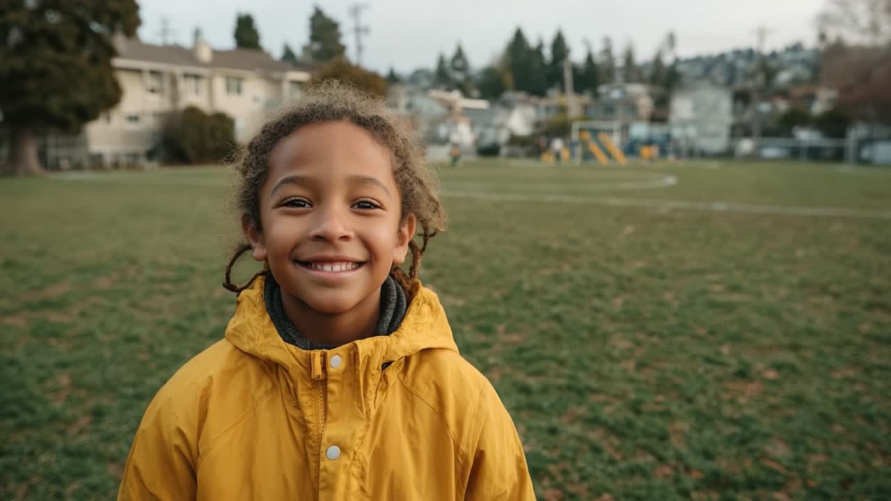 A Joyful Child in a Yellow Jacket Smiling at the Camera on a Bright Day in a Park with Playground Structures in the Background