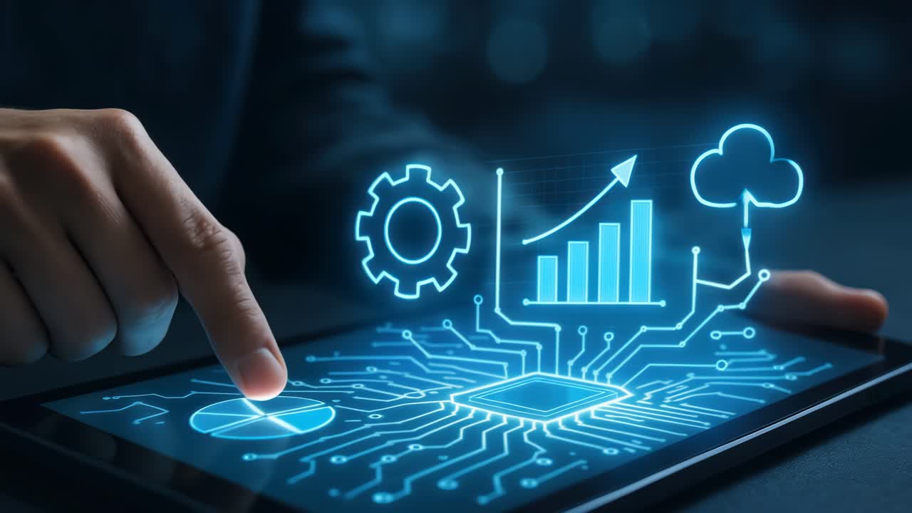 A close-up angle of a hand interacting with a tablet, displaying digital graphics of data analytics