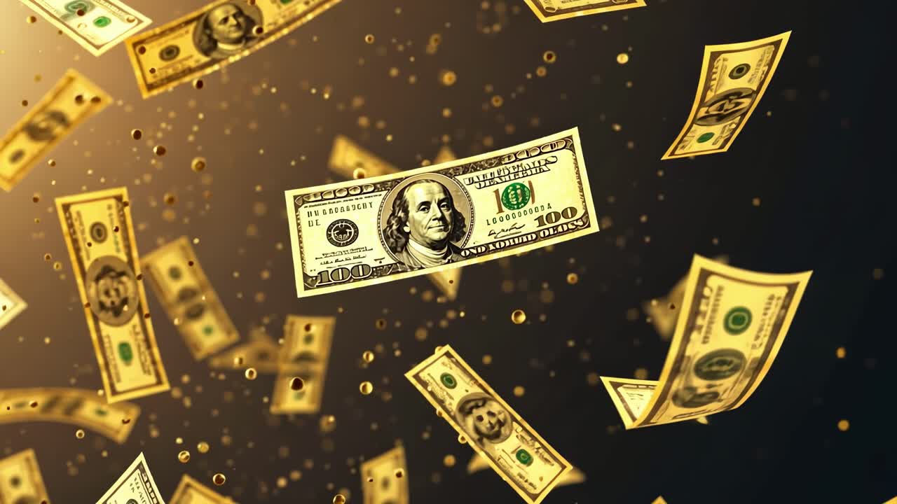 Money bills cascade downwards in a vibrant display, creating a sense of wealth and abundance in a dynamic and eye-catching setting with golden hues