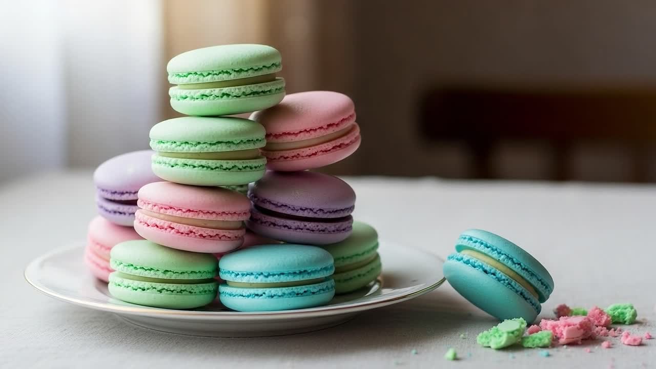 A Delightful Display of Colorful Macarons Stacked Elegantly on a Plate, Showcasing Their Pastel Hues and Perfect Texture in a Chic Setting