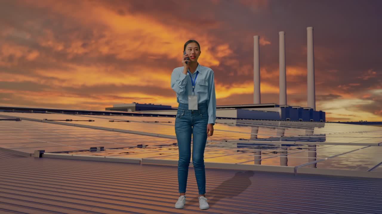 Full Body Of Asian Female, Inspecting Solar Panels on Rooftop at Sunset, She Is Speaking With Someone In The Phone