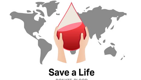 animación del icono de la donación de sangre y texto sobre el mapa del mundo