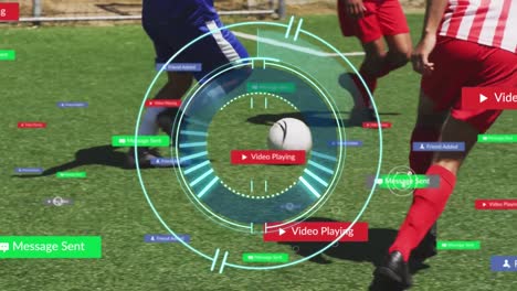 animation of scope scanning and media icons over diverse male soccer players