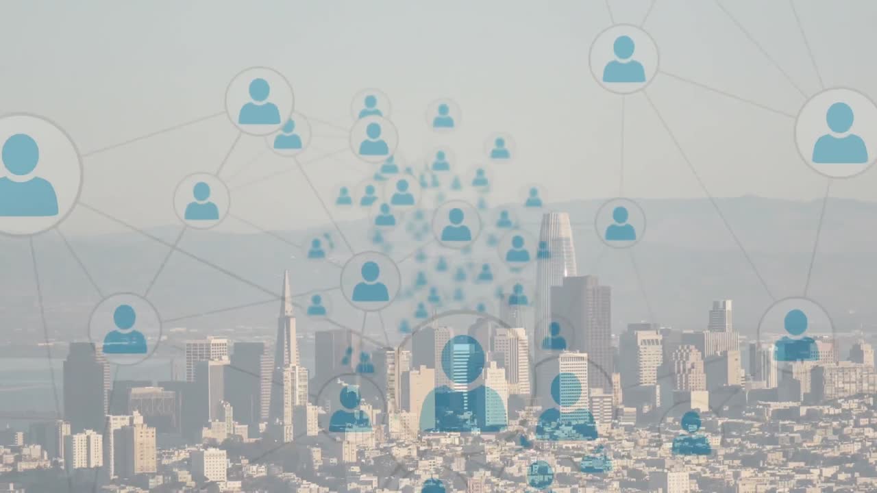 都市風景上のアイコンによる接続ネットワークのアニメーション