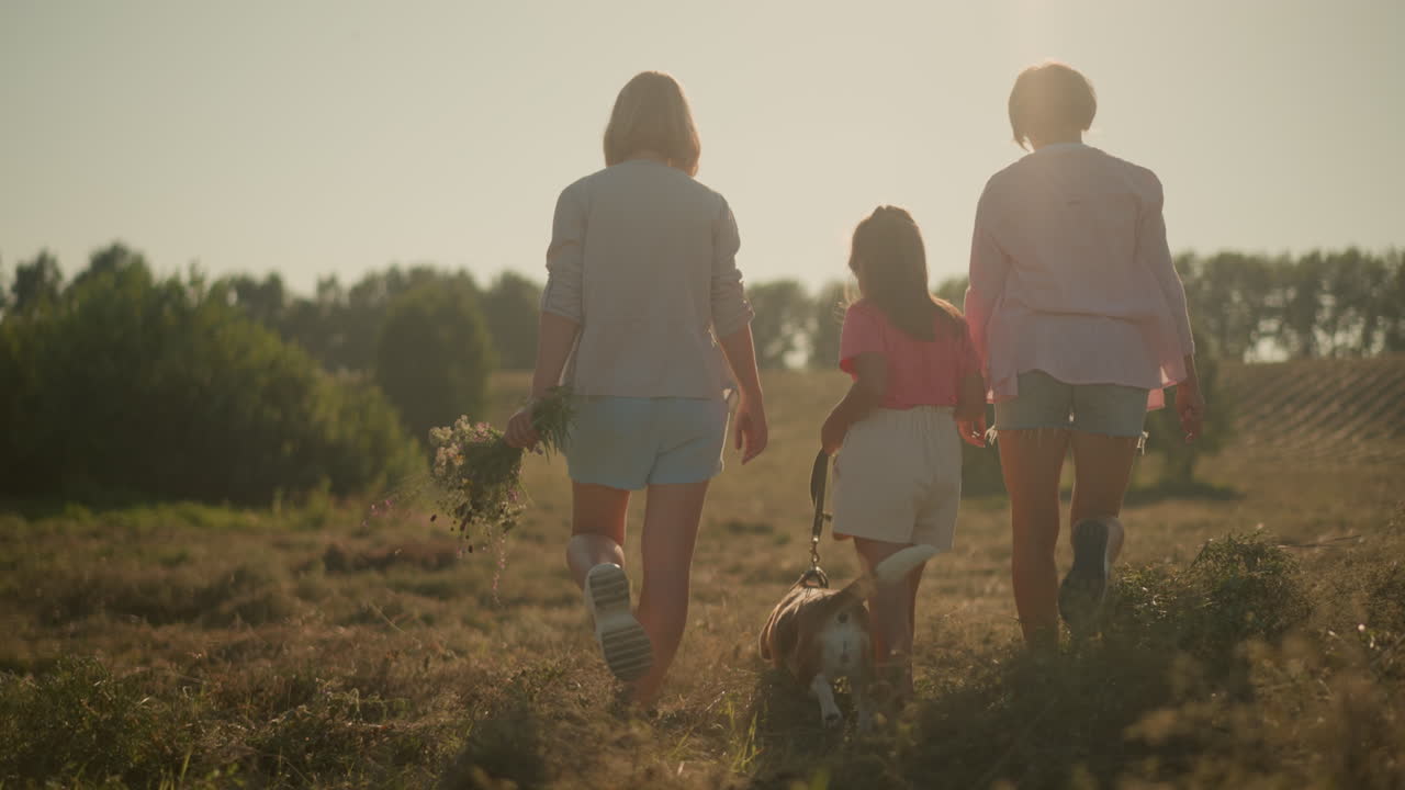 중간에 작은 아이와 함께 고 있는 두 여인이 잔디에서 개 줄을 들고, 따뜻한 빛에 목욕하고, 한 여인이 꽃을 고, 장면은 가족 결합을 묘사합니다.