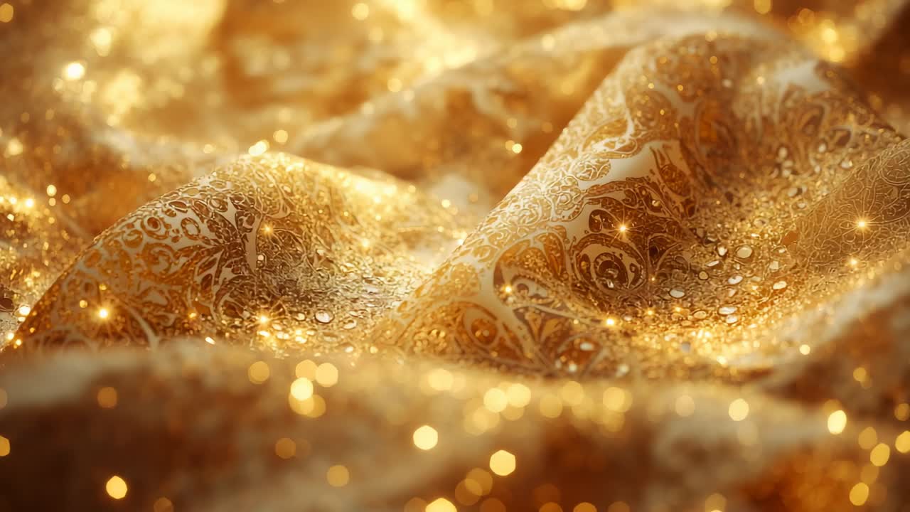 Warm light sweeping across golden textile in studio, revealing metallic drops and bokeh reflections