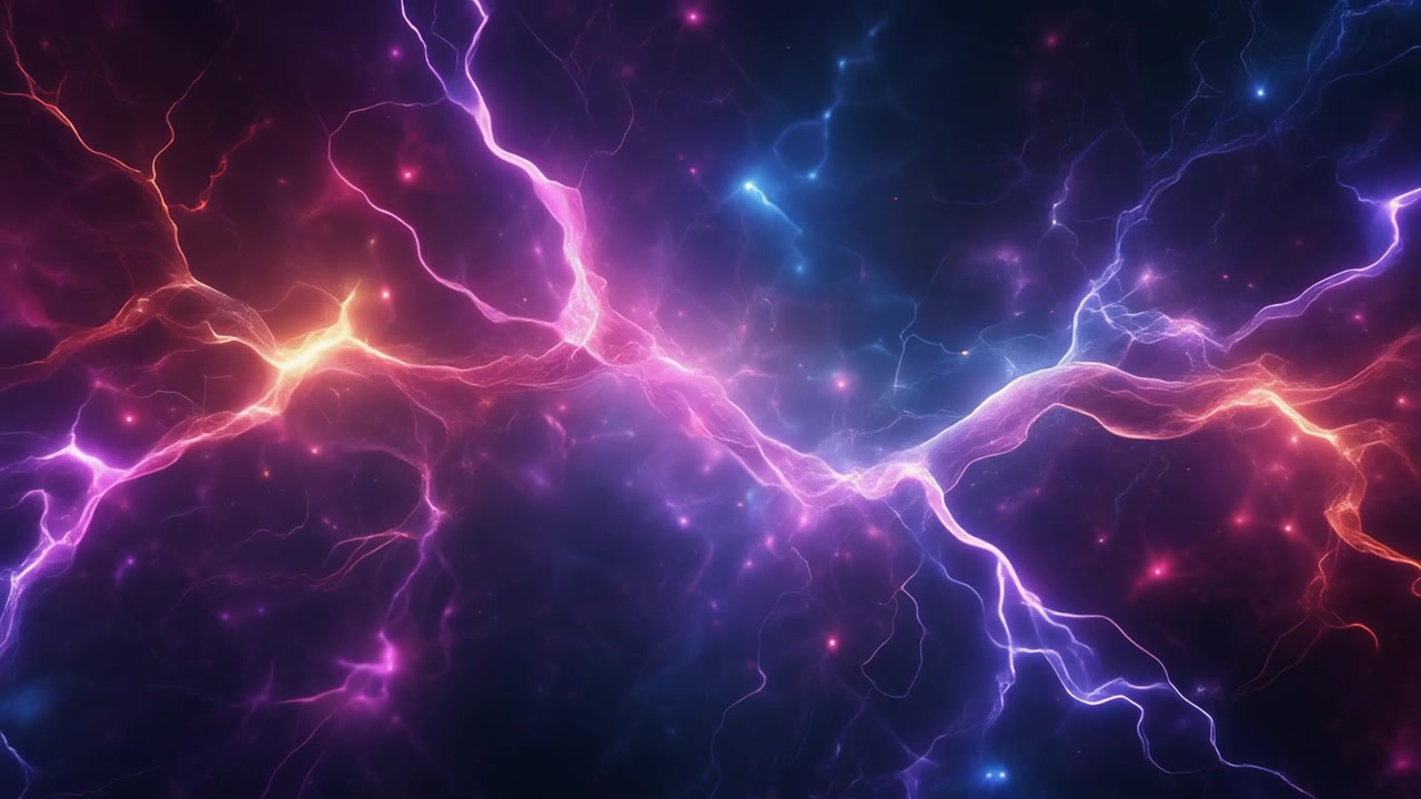 Sfondo astratto di energia elettrica fulminante viola e arancione incandescente