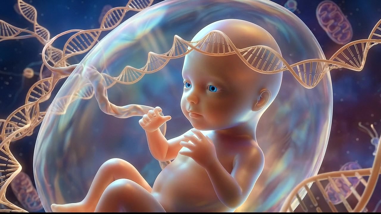 Feto umano che si sviluppa nell'utero con elementi astratti luminosi sullo sfondo
