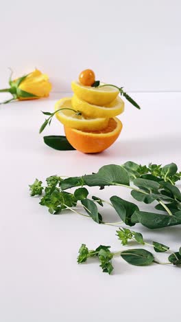 citrus fruit arrangement on a white background