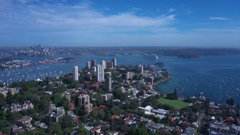 aerial pan view of sydney skyline from eastern suburbs featuring harbour bridge opera house, darling point and rushcutters bay