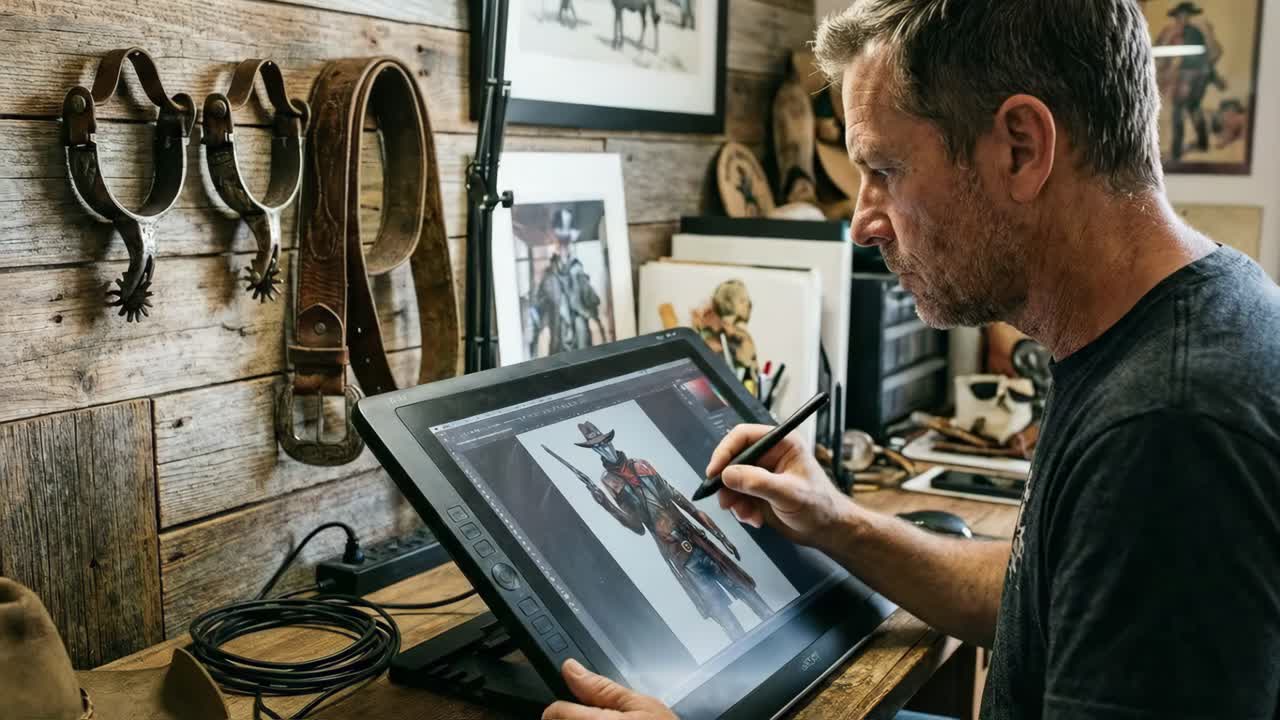 Artista creando arte digital de un vaquero