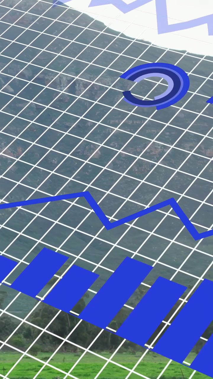 Vertikal video: Ved datastart glider blå grafer ind, mens en vindmølle roterer og viser produktion