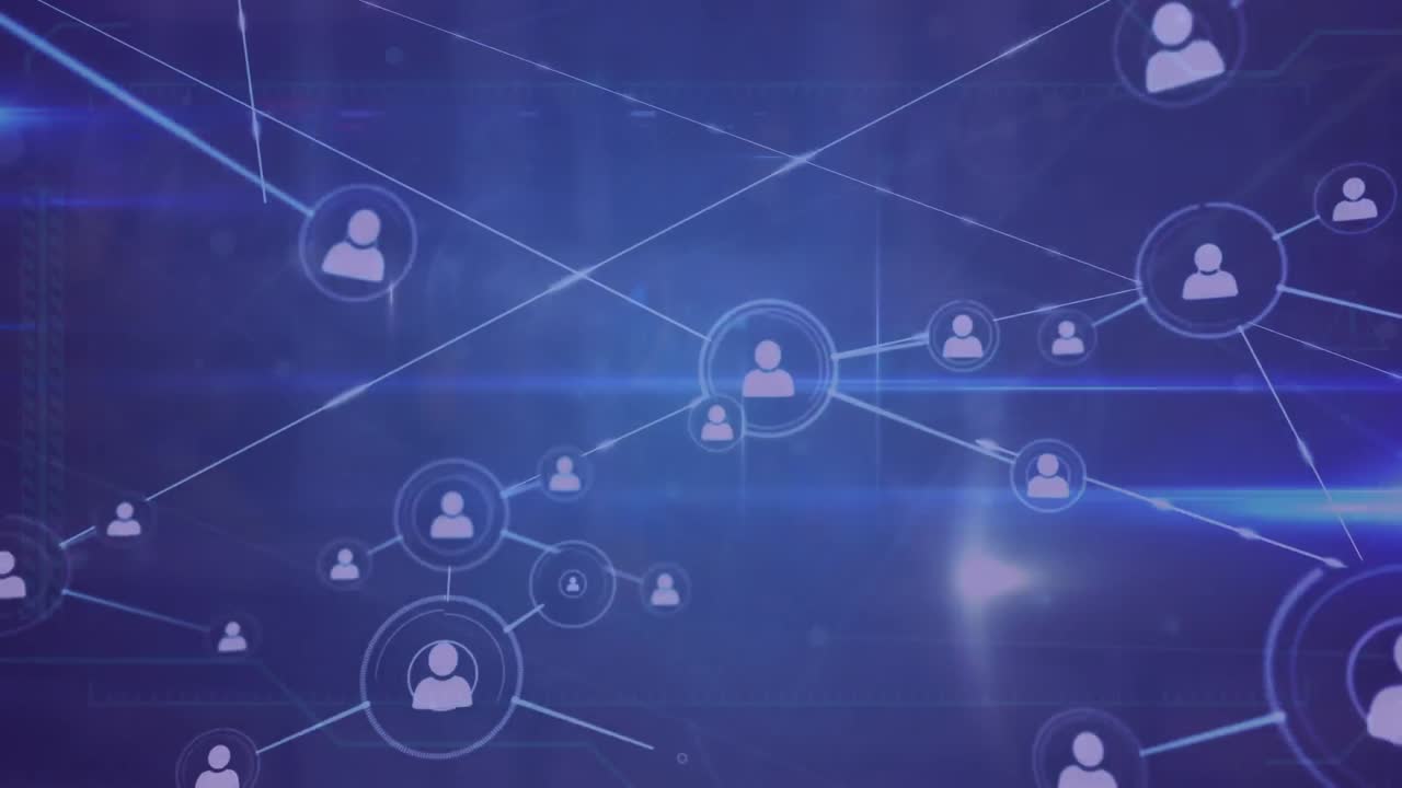 Animation of network of profile icons and light trails against blue background