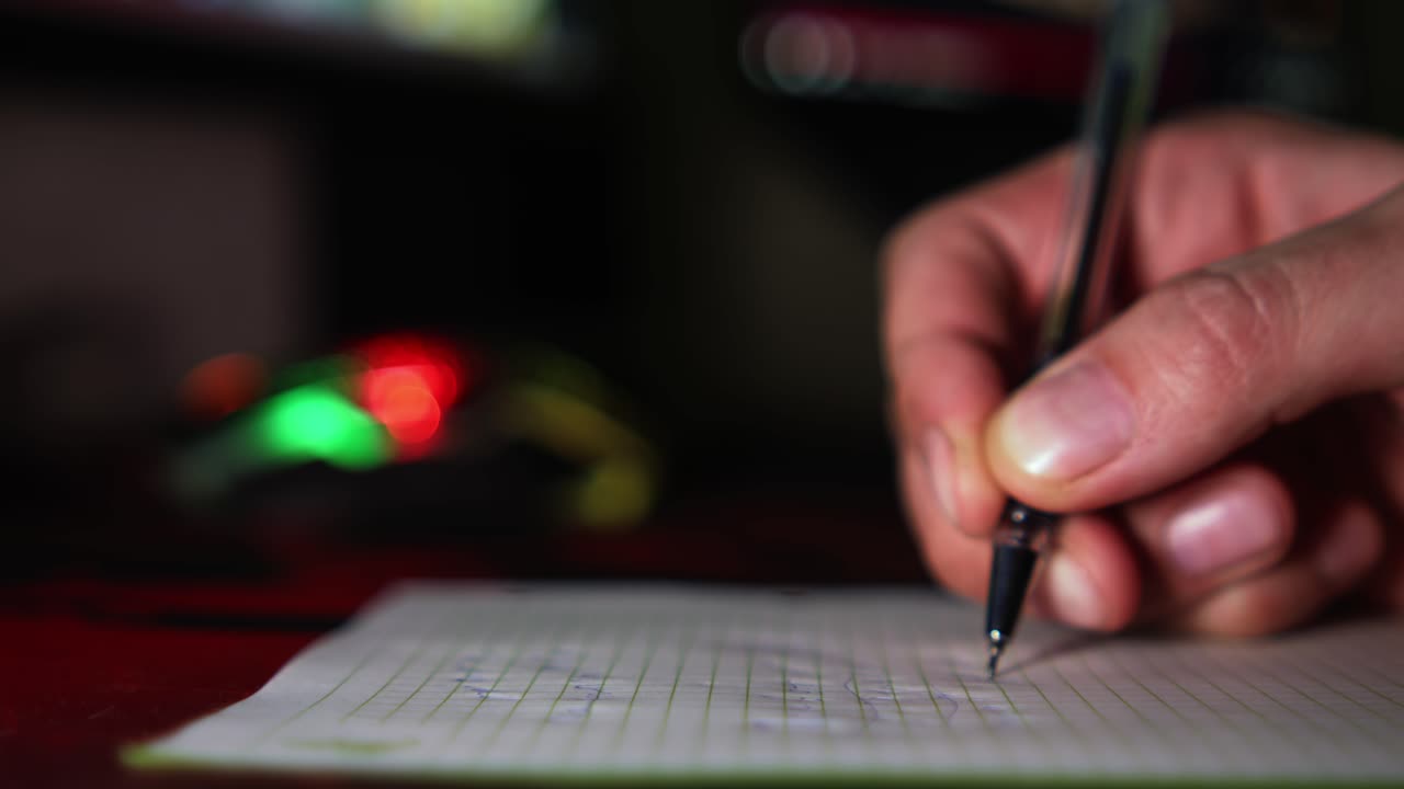 A pen writes on lined paper, creating visible strokes. Soft, blurred lights provide a vibrant backdrop