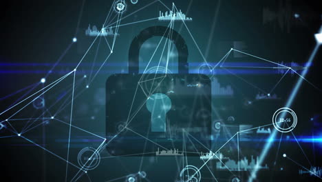 digital animation of network of connections over security padlock icon on blue background
