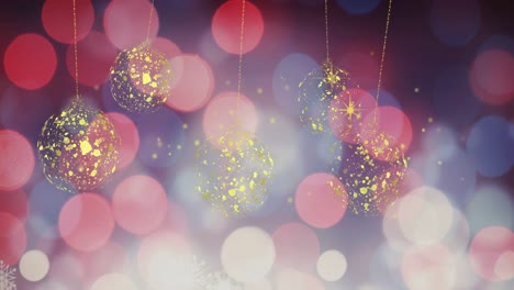 Animation-of-gold-christmas-stars-and-baubles-swinging-over-defocussed-red-and-white-lights