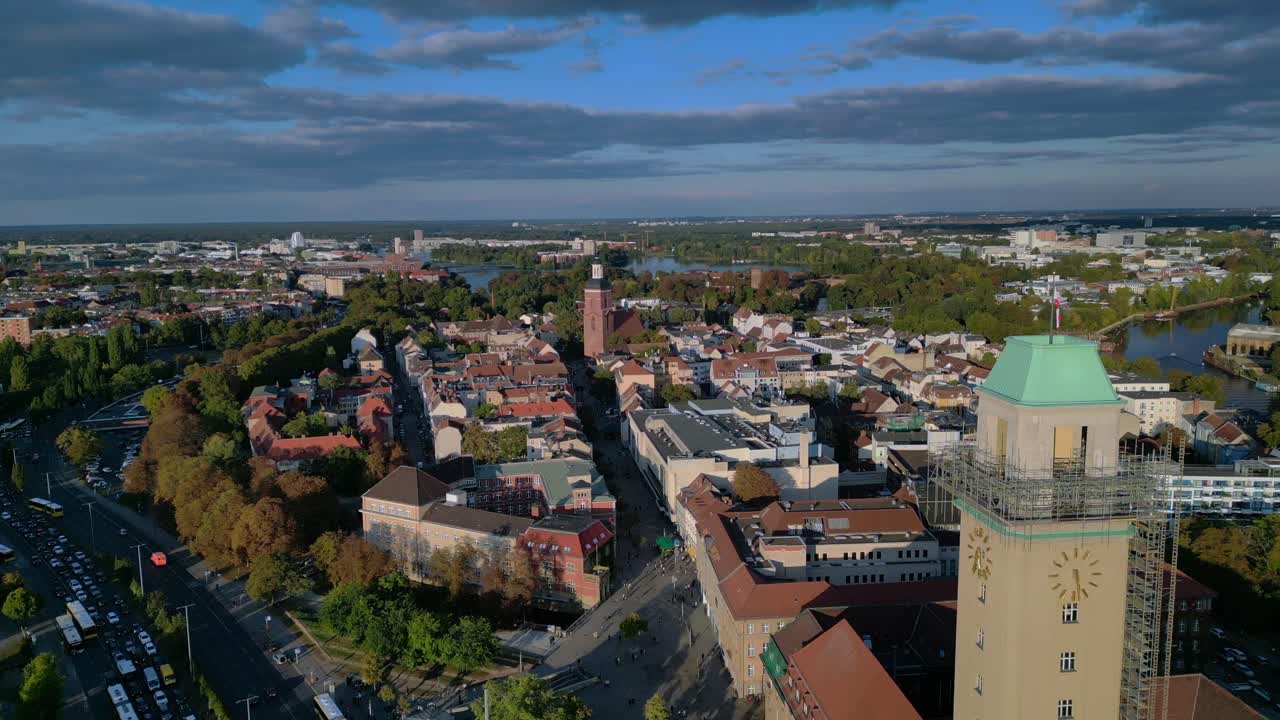 Berlin Spandau old town with its red rooftops, churches, and surrounding greenery. Perfect aerial view flight drone top down Above view