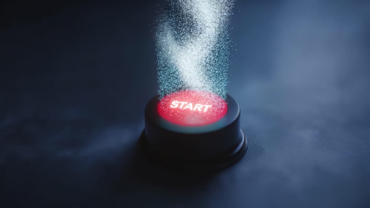 A captivating visual representation of a glowing red start button, surrounded by ethereal particles and mist, capturing the essence of action, initiation, and the excitement of new beginnings in a digital era