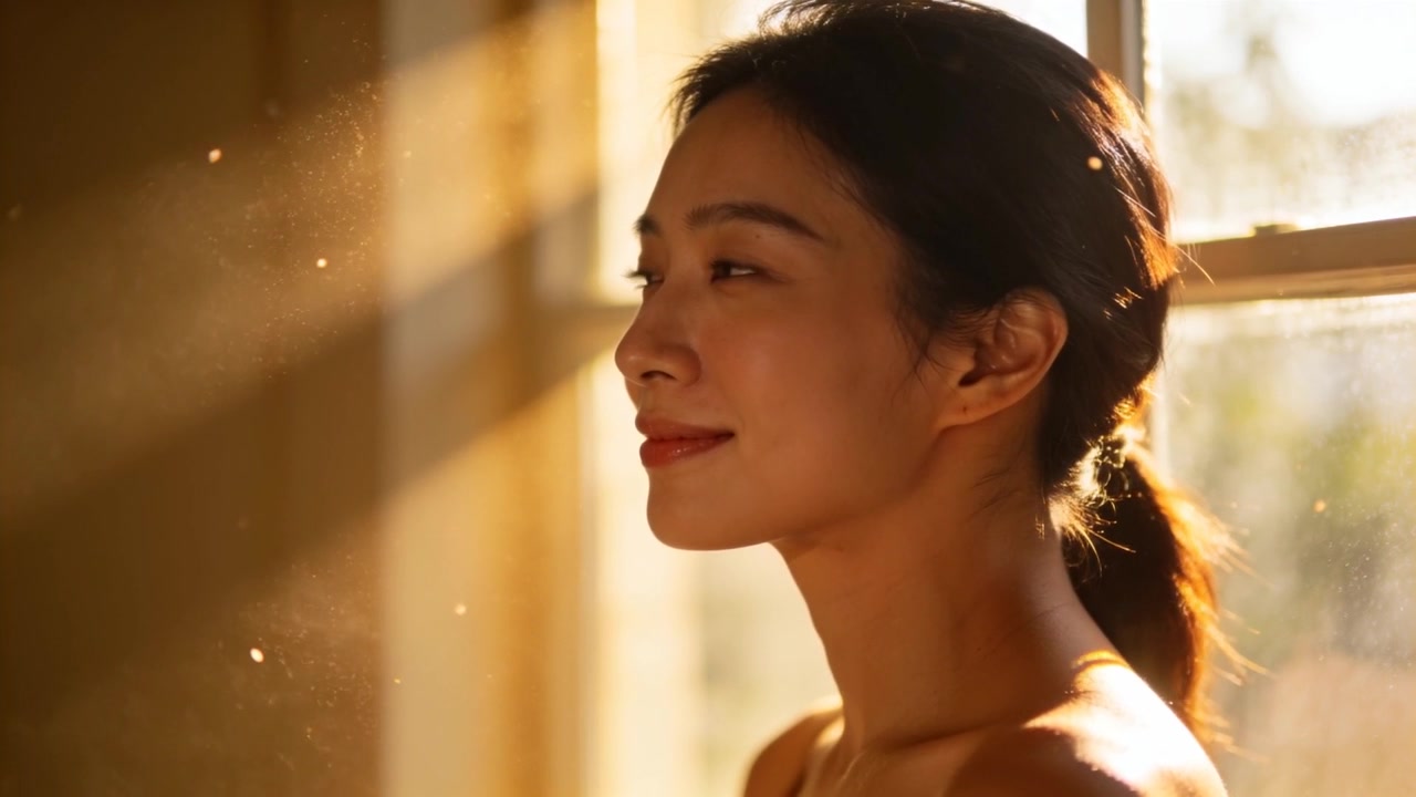 沐浴在阳光下的亚洲女性，阳光透过窗户洒入，她穿着无袖衣，垂下目光，尘埃在空中漂浮