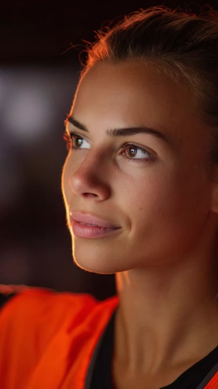 A Close-Up Portrait of a Young Woman with Striking Features, Illuminated in a Soft Glow Wearing an Eye-Catching Orange Outfit Capturing a Moment of Contemplation