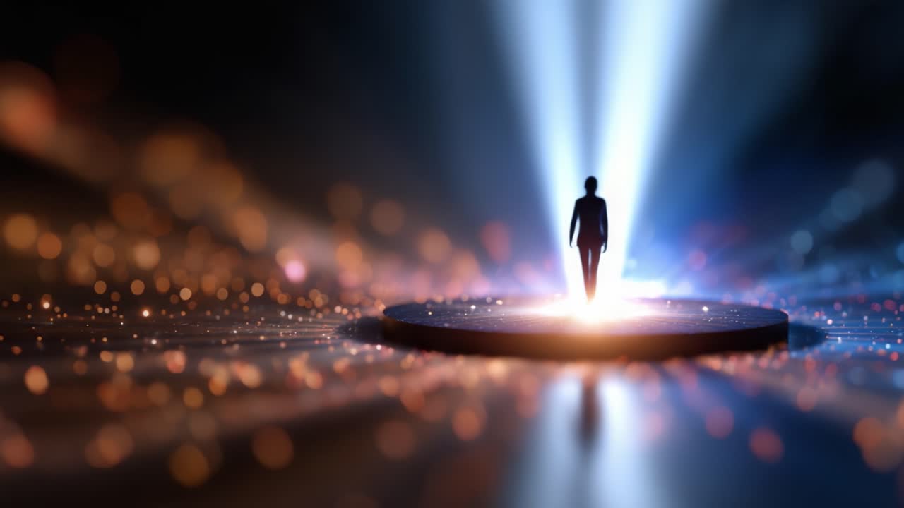 A Solitary Figure Stands on a Circular Platform, Surrounded by Glowing Lights and Ethereal Streams, Creating a Mystical Atmosphere of Reflection and Awe