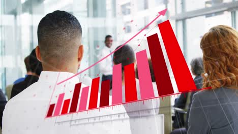 Animation-of-statistical-data-processing-over-african-american-man-giving-a-presentation-at-office