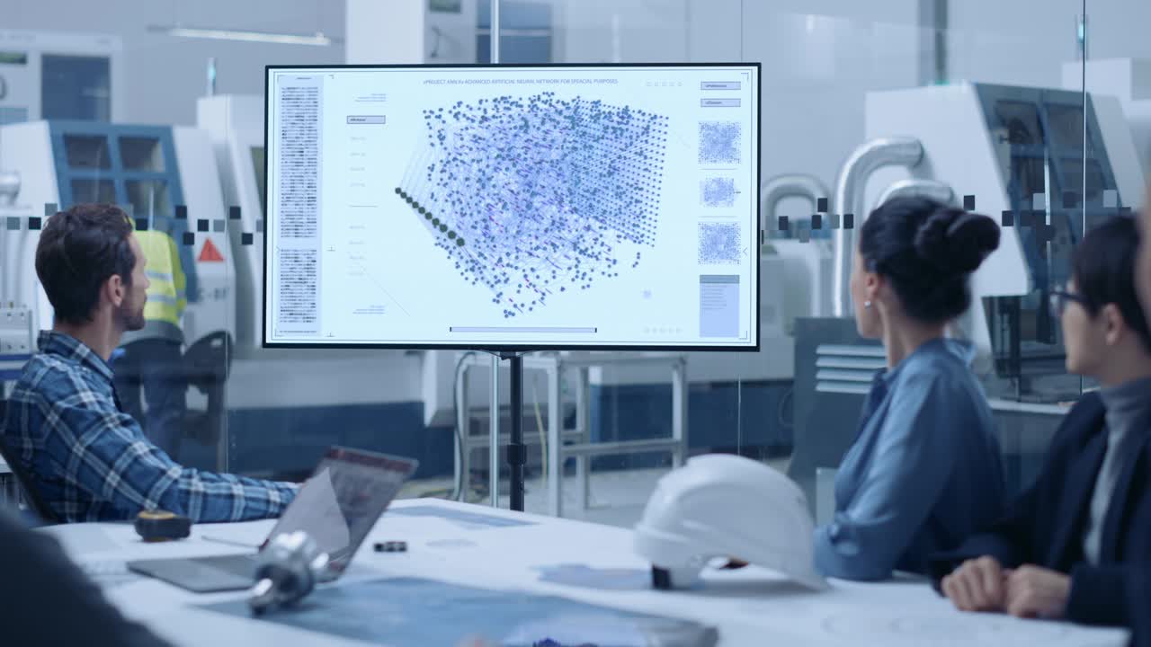 공장 사무실 회의실: 컴퓨터 설계 엔지니어, 관리자 및 투자자의 다양한 팀이 컨퍼런스 테이블에서 이야기하고, 신경 네트워크, 기계 학습 개념을 보여주는 인터랙티브 tv를보고 있습니다.