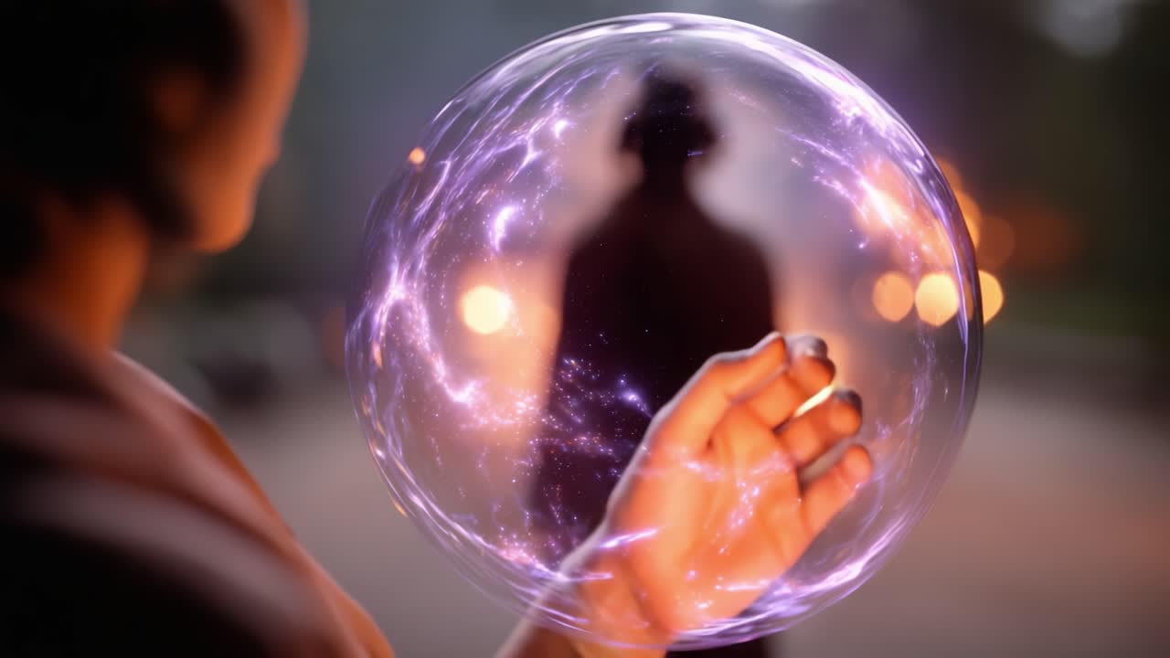 Un incontro misterioso con una sfera cosmica: esplorare l'interazione tra luce e ombra in un'ambientazione fantastica di sfere e forme eteree