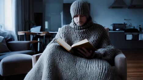 man reading a book in a cozy sweater