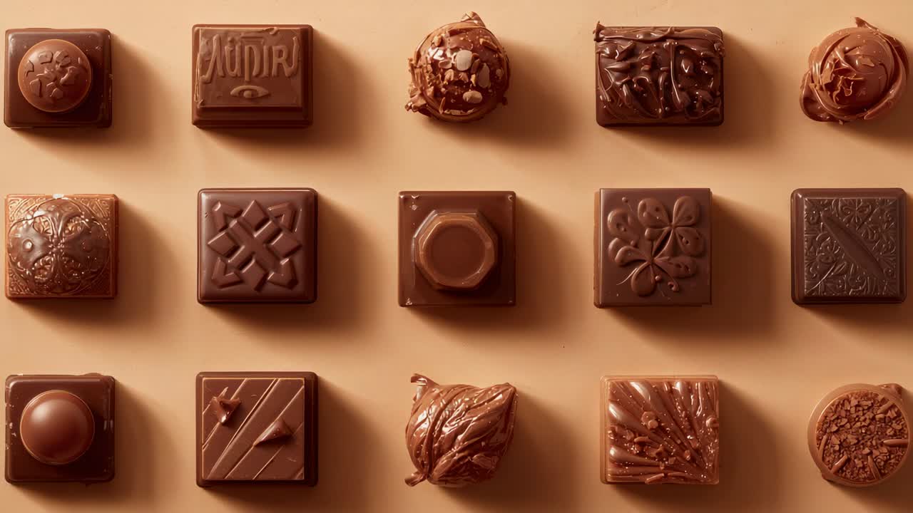 Spostamento della luce e lenta carrellata della camera che rivela le texture su cioccolatini assortiti su una superficie beige
