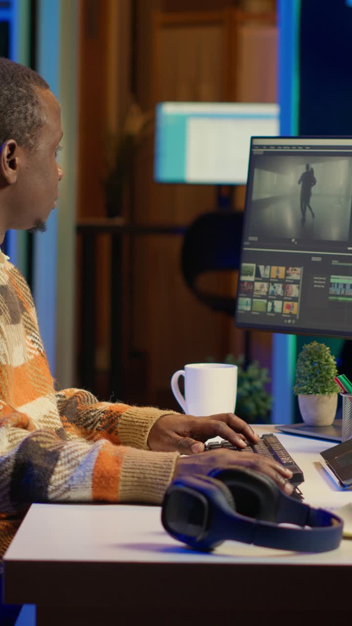 Editor di video verticali che lavora su software creativo per creare un montaggio cinematografico