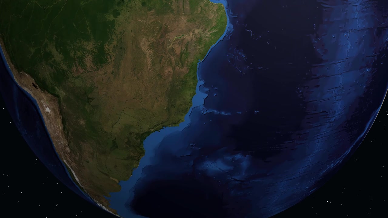 Digital animation zooms from space into Vila Velha Brazil with population data text overlay
