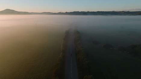 Eine-Person-Joggt-Beim-Rennen-Auf-Einer-Straße,-Die-Den-Wald-Durch-Eine-Neblige-Landschaft-Mit-Berghorizont-überquert,-Ein-Motivierender-Pfad-Mit-Einer-Luftdrohne,-Die-Langsam-Fliegt