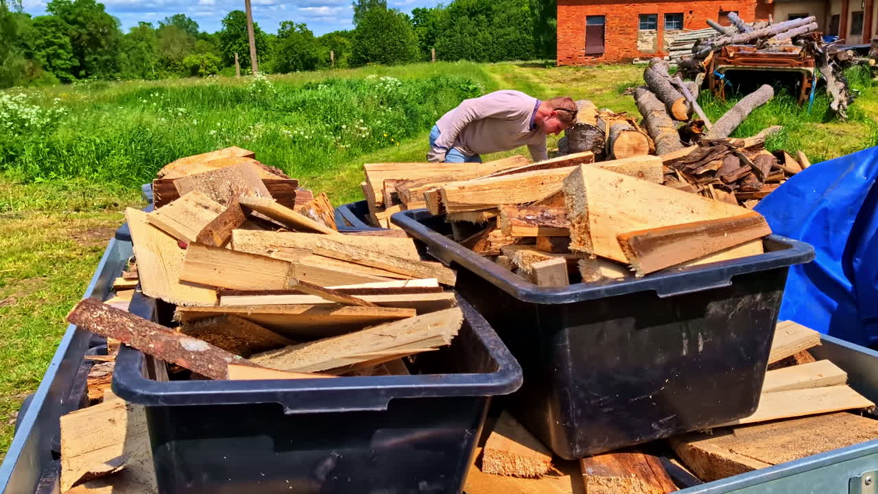Adult male loading plastic boxes filled with chopped logs onto back of trailer for firewood supply