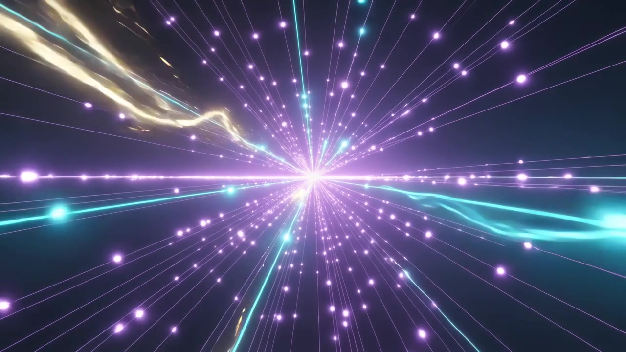 Sending teal and gold ribbons sparking center starburst glowing in dark void, pulling violet dots