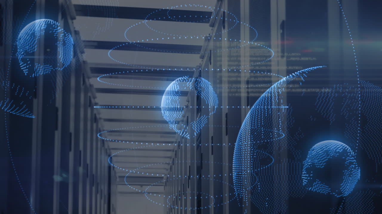 Blue dotted globe rotating above server racks in data center, showing network flow in 3D render
