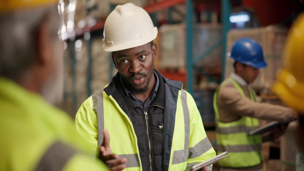 trabajadores del almacén discutiendo la gestión del inventario