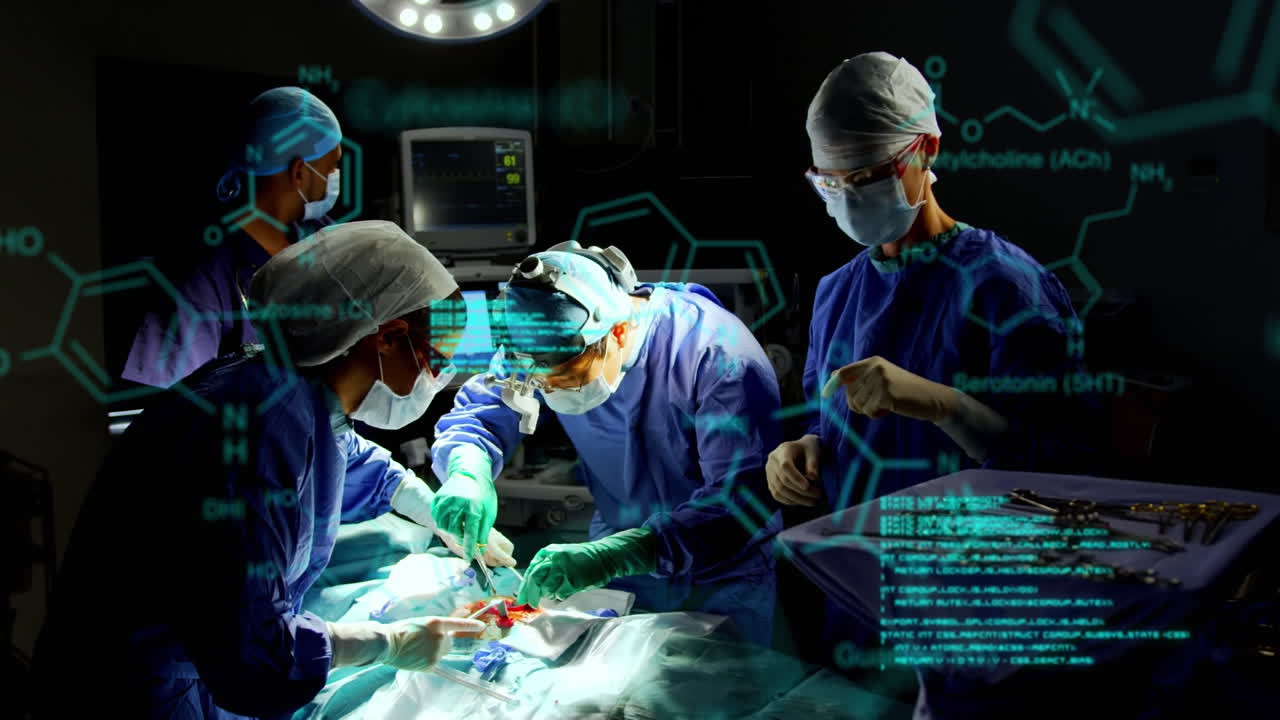 Animation of scientific data processing and chemical structures over diverse surgeons operating