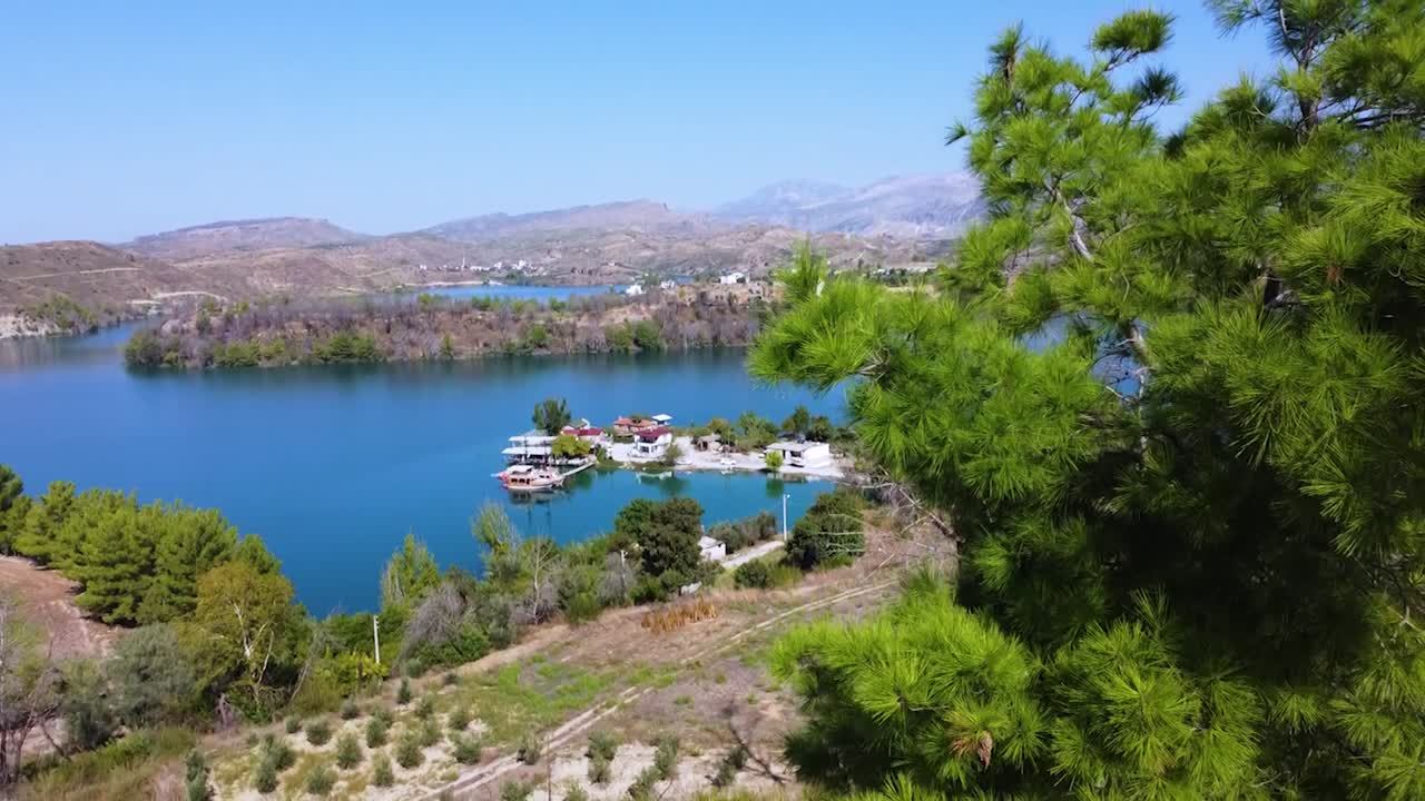 Aerial sunny Turkish landscape of Oymapinar bright lake in Manavgat, Turkey