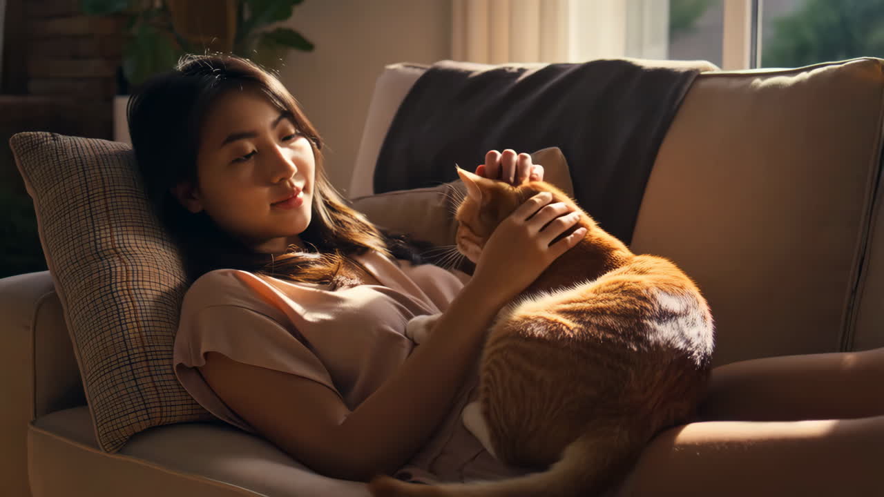 Woman cuddling with her cat on the couch
