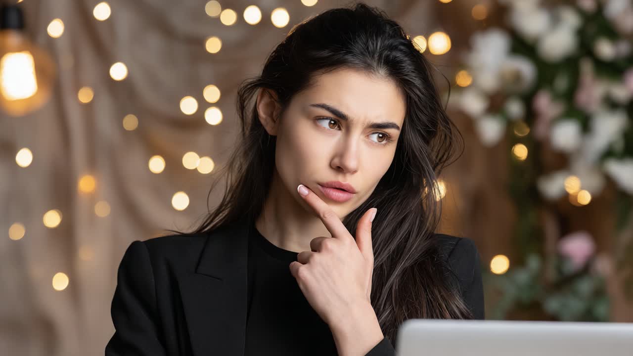 Contemplation in a Cozy Setting: A Young Woman Deep in Thought, With a Laptop in an Ambient Environment Full of Lights and Flowers