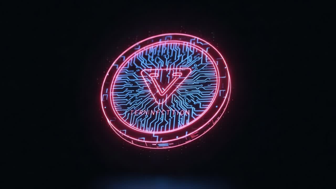 A Futuristic Coin Emblem with Neon Glow and Circuit Patterns Symbolizing Advanced Digital Technology and Innovation in Cryptocurrency and Blockchain Networks