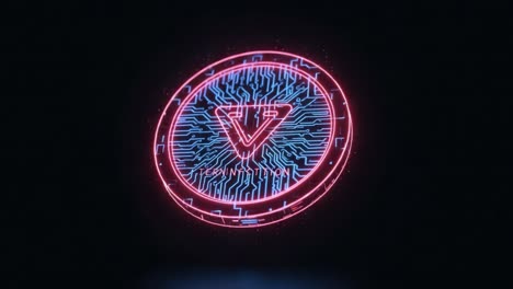 a futuristic coin emblem with neon glow and circuit patterns symbolizing advanced digital technology and innovation in cryptocurrency and blockchain networks