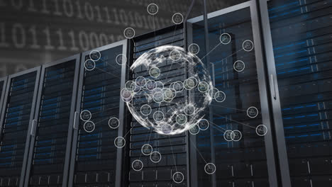 animazione di reti di connessioni con icone su server di computer e codifica binaria