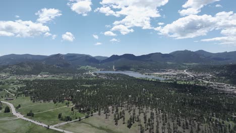 Drone-Shot-of-Landscape-Around-Estes-Park,-Colorado-USA-on-Hot-Sunny-Day,-Coniferous-Forest,-Lake-and-Pastures