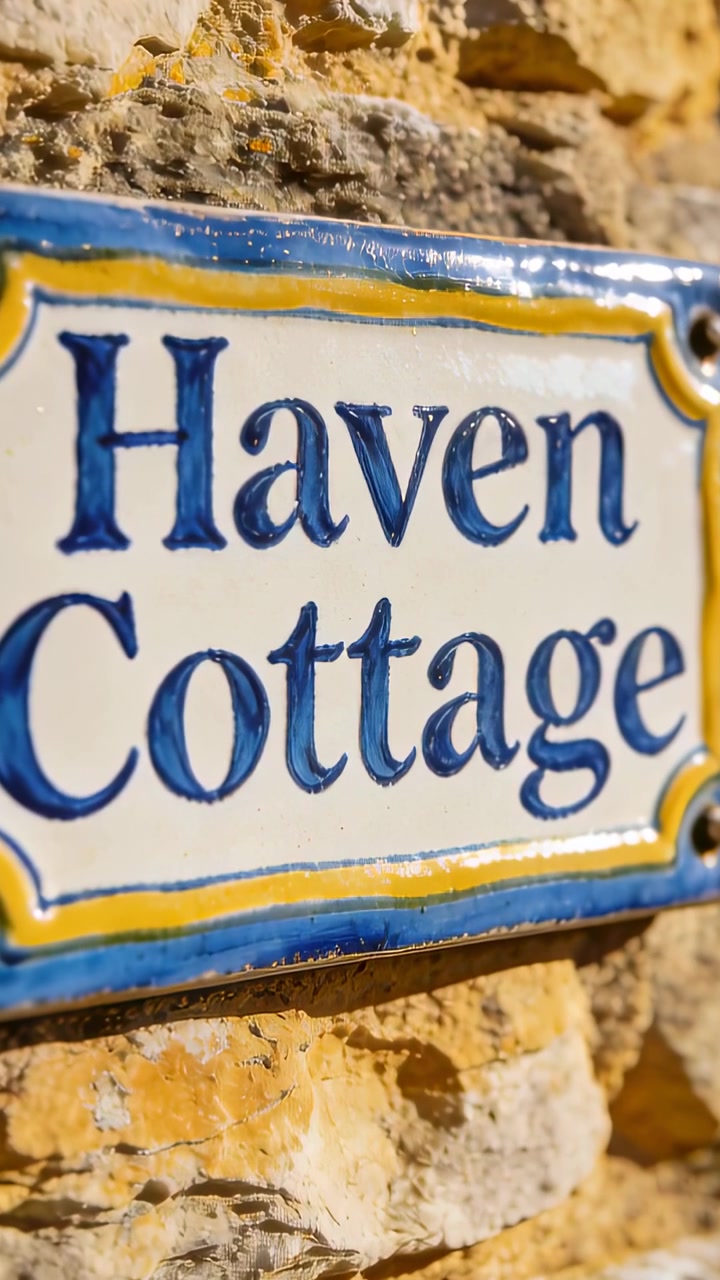 Video verticale: Telecamera che si sposta e si inclina verso il basso, rivelando la targa "Haven Cottage" su un muro di pietra.