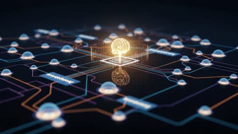 artificial intelligence concept layered over a complex electronic circuitry design, featuring a radiant brain imagery emphasizing technological innovation and connectivity