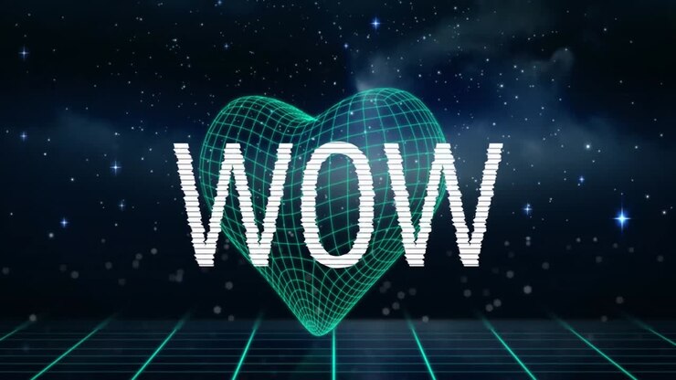 Animation of wow text banner over metaverse structures forming a heart shape against space