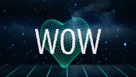 메타버스 구조 위에 와우 텍스트 배너의 애니메이션이 공간에 대해 심장 모양을 형성합니다.