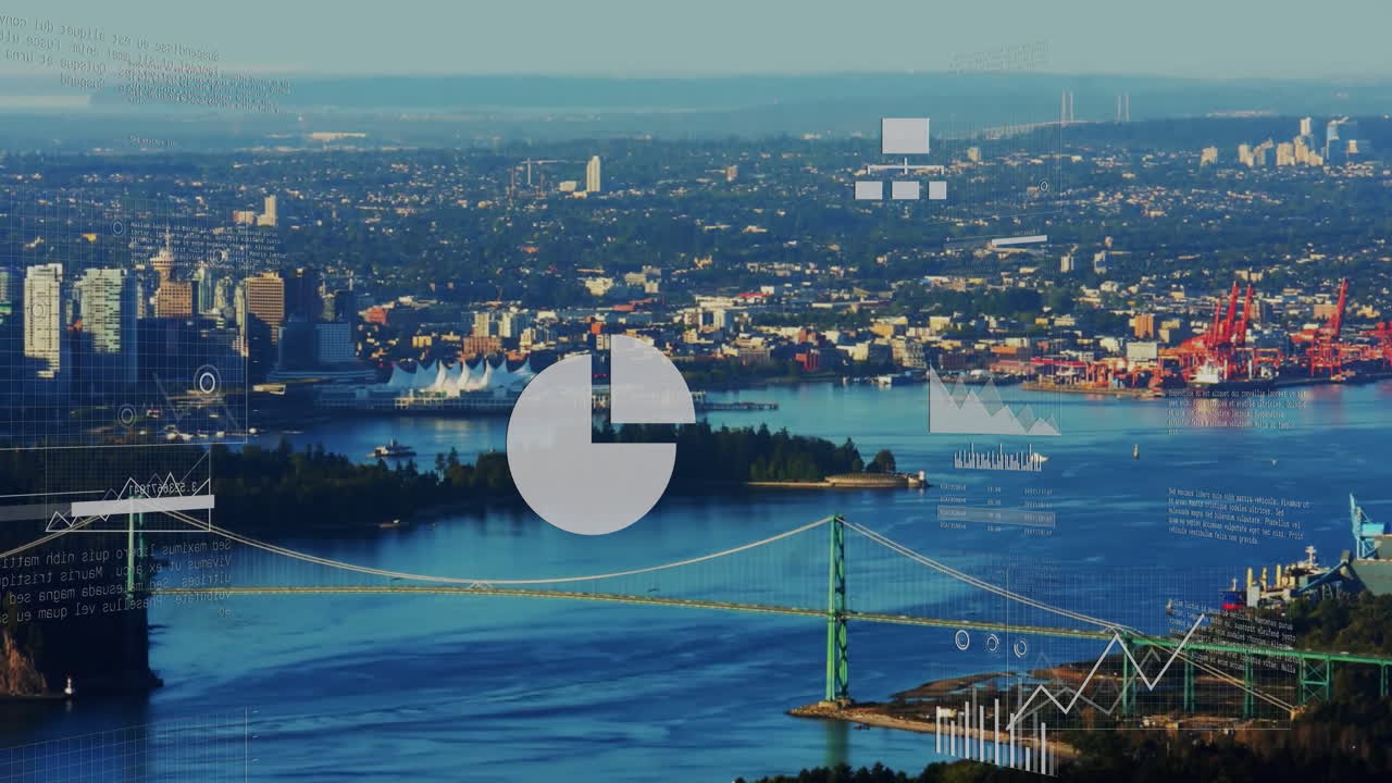 도시 풍경 위에 비즈니스 아이콘으로 데이터 처리의 애니메이션